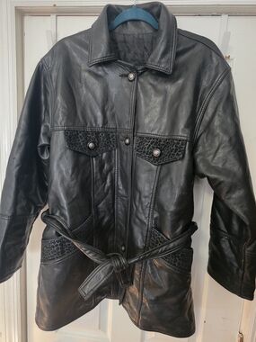 Vintage Gianni Versace Black Leather Belted Jacket - Women,size Xl